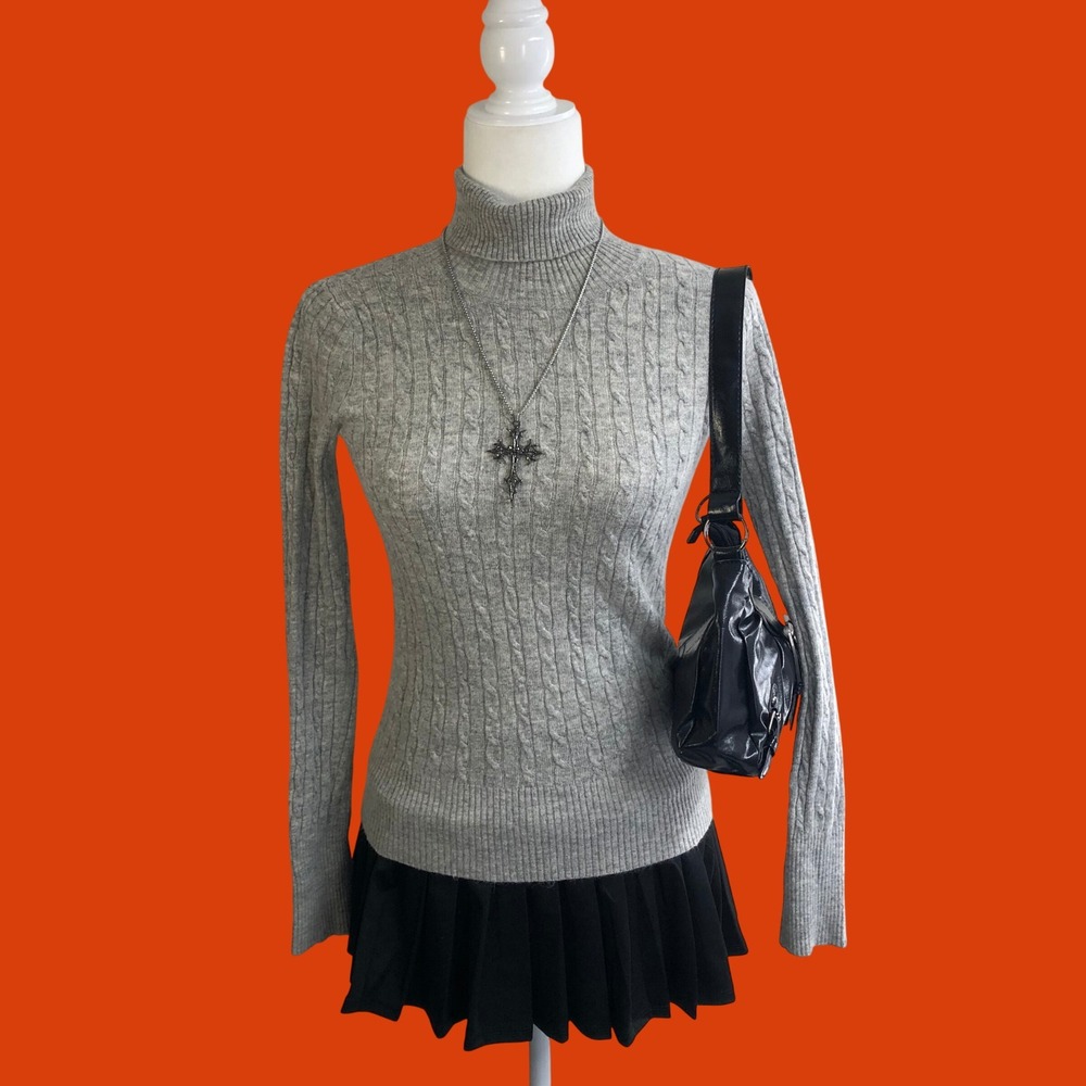 Vintage Y2K Angora Cashmere Lambswool Cable Knit Turtleneck Sweater S Grey